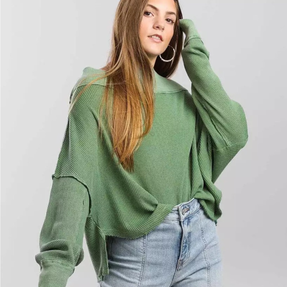 We the Free by Free People Close to You cotton waffle knit top color moss sizeXS